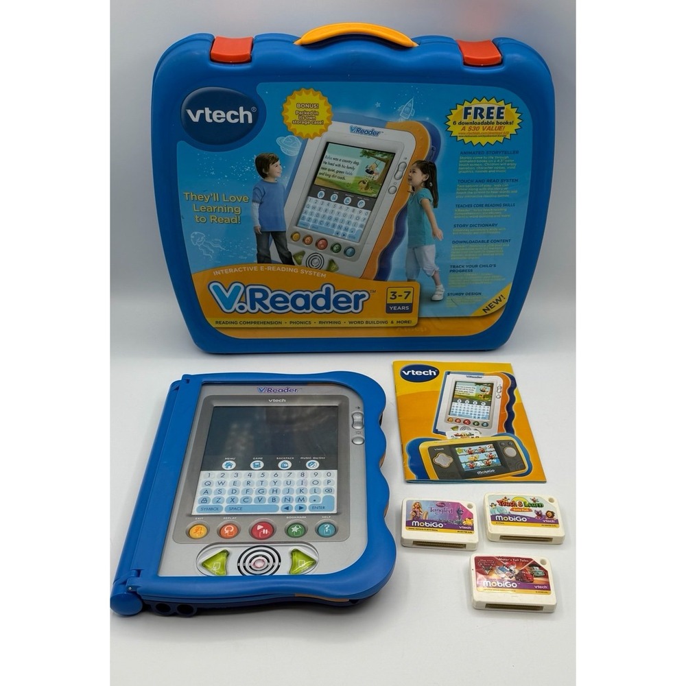 VTech V.Reader Interactive E-Reading System Blue Case Tested w/ 3 Games